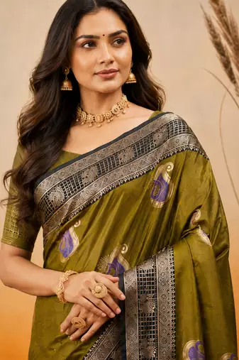 sangam prints olive green soft silk blend woven work traditional saree