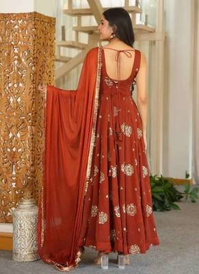 Rust orange embroidered flared anarkali gown with dupatta 4