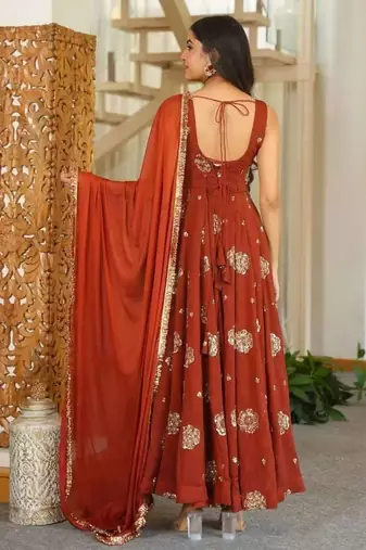 Rust orange embroidered flared anarkali gown with dupatta