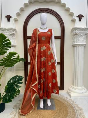 Rust orange embroidered flared anarkali gown with dupatta 5