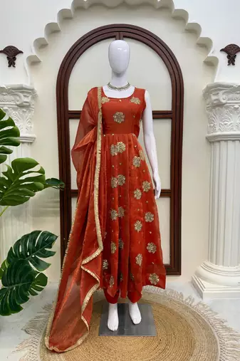 Rust orange embroidered flared anarkali gown with dupatta