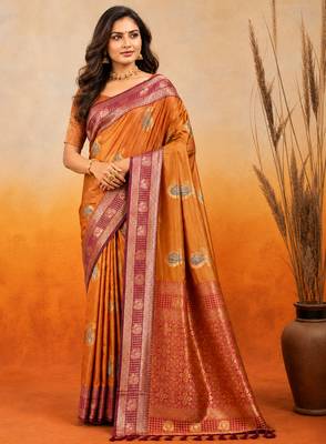 sangam prints golden mustard soft silk blend woven work traditional saree 1