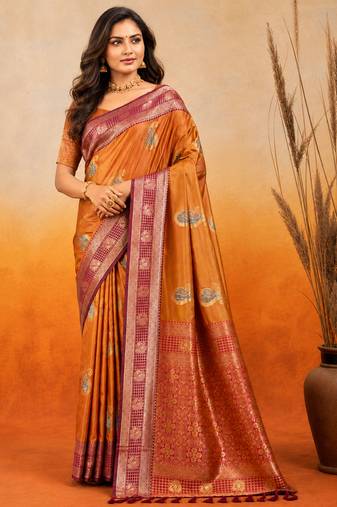 sangam prints golden mustard soft silk blend woven work traditional saree