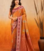 sangam prints golden mustard soft silk blend woven work traditional saree