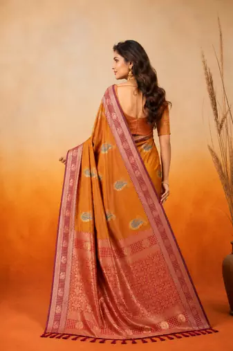 sangam prints golden mustard soft silk blend woven work traditional saree