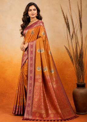 sangam prints golden mustard soft silk blend woven work traditional saree 3