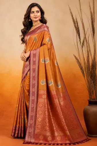 sangam prints golden mustard soft silk blend woven work traditional saree