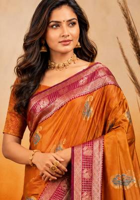 sangam prints golden mustard soft silk blend woven work traditional saree 4