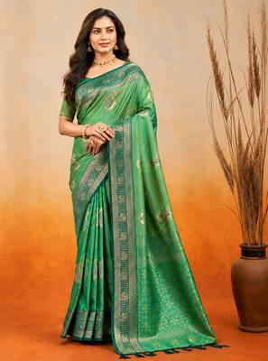 sangam prints emerald green soft silk blend woven work traditional saree 1
