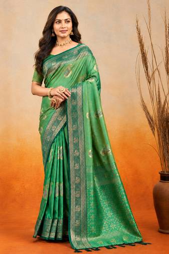 sangam prints emerald green soft silk blend woven work traditional saree