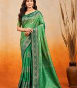 sangam prints emerald green soft silk blend woven work traditional saree