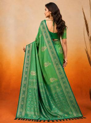 sangam prints emerald green soft silk blend woven work traditional saree 2