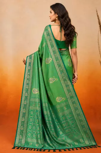 sangam prints emerald green soft silk blend woven work traditional saree