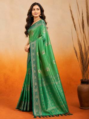 sangam prints emerald green soft silk blend woven work traditional saree 3