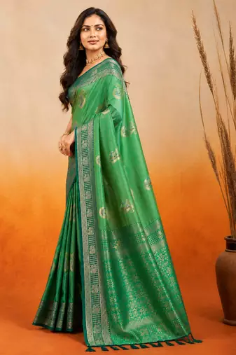 sangam prints emerald green soft silk blend woven work traditional saree
