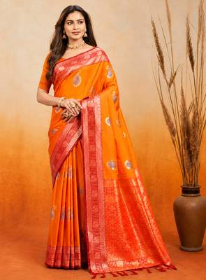 sangam prints bright orange soft silk blend woven work traditional saree 1