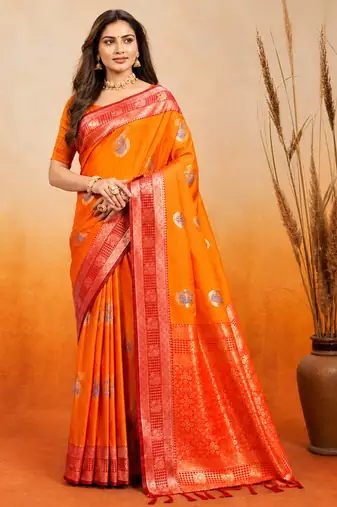 sangam prints bright orange soft silk blend woven work traditional saree