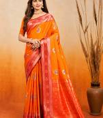 sangam prints bright orange soft silk blend woven work traditional saree