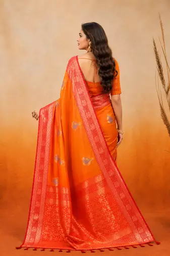 sangam prints bright orange soft silk blend woven work traditional saree