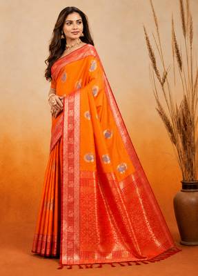 sangam prints bright orange soft silk blend woven work traditional saree 3