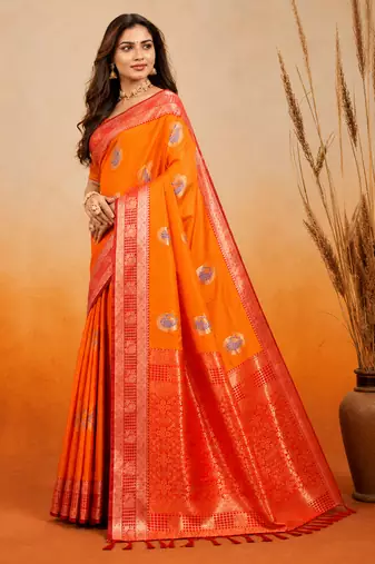 sangam prints bright orange soft silk blend woven work traditional saree