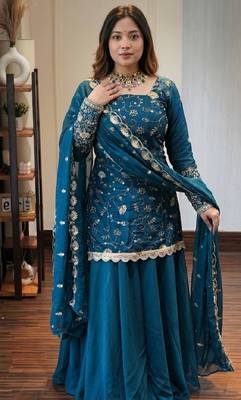 Royal teal blue embroidered kurta plazzo set with dupatta 1