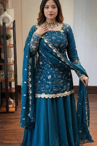 Royal teal blue embroidered kurta plazzo set with dupatta