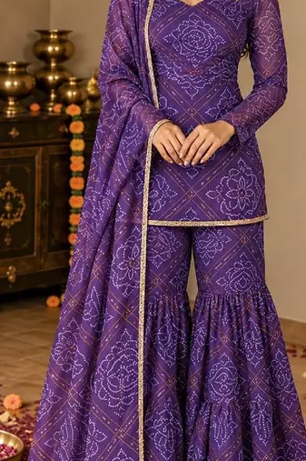 Purple bandhani print sharara suit with dupatta