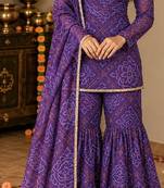 Purple bandhani print sharara suit with dupatta