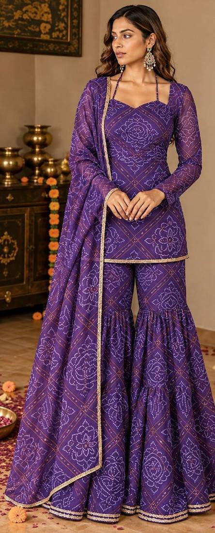 Purple bandhani print sharara suit with dupatta