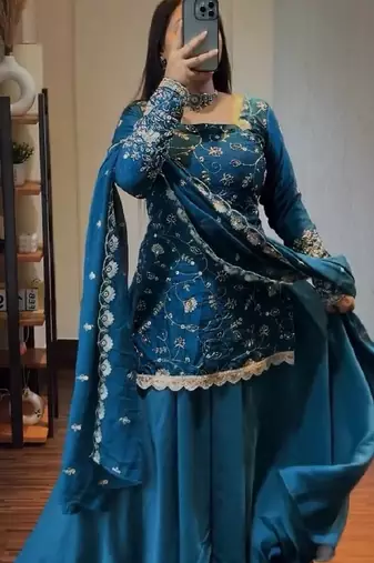 Royal teal blue embroidered kurta plazzo set with dupatta