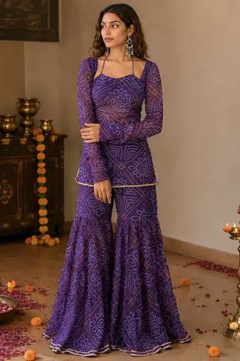 Purple bandhani print sharara suit with dupatta