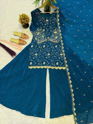 Royal teal blue embroidered kurta plazzo set with dupatta 3