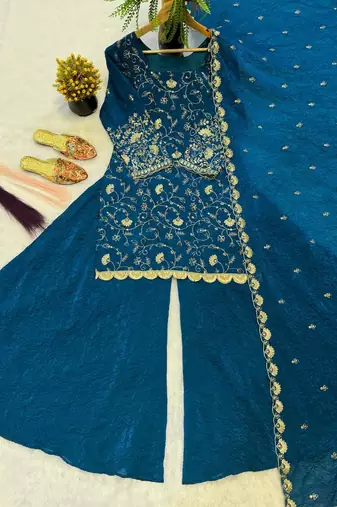 Royal teal blue embroidered kurta plazzo set with dupatta
