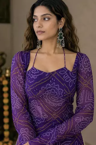 Purple bandhani print sharara suit with dupatta