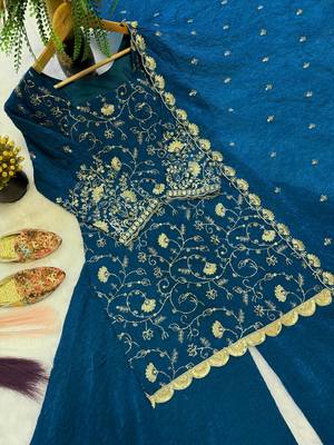 Royal teal blue embroidered kurta plazzo set with dupatta 4