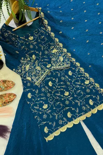 Royal teal blue embroidered kurta plazzo set with dupatta