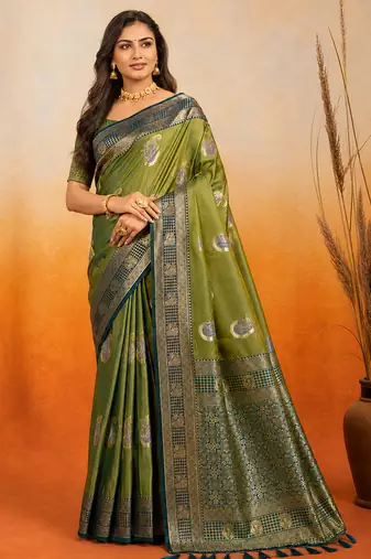 sangam prints green soft silk blend woven work traditional saree