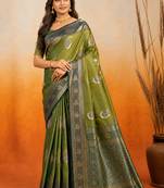 sangam prints green soft silk blend woven work traditional saree