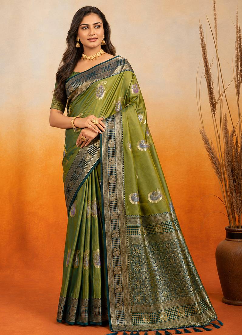 sangam prints green soft silk blend woven work traditional saree