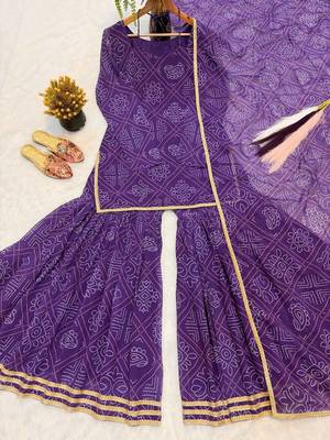 Purple bandhani print sharara suit with dupatta 4