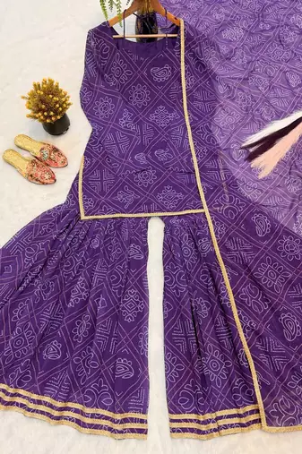 Purple bandhani print sharara suit with dupatta
