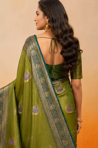 sangam prints green soft silk blend woven work traditional saree