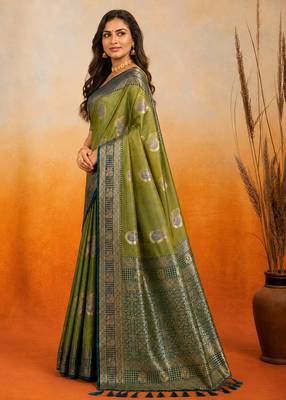 sangam prints green soft silk blend woven work traditional saree 3