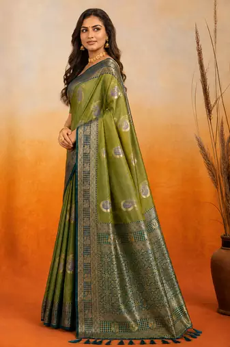 sangam prints green soft silk blend woven work traditional saree
