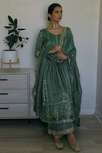 Bottle green embroidered anarkali suit with dupatta
