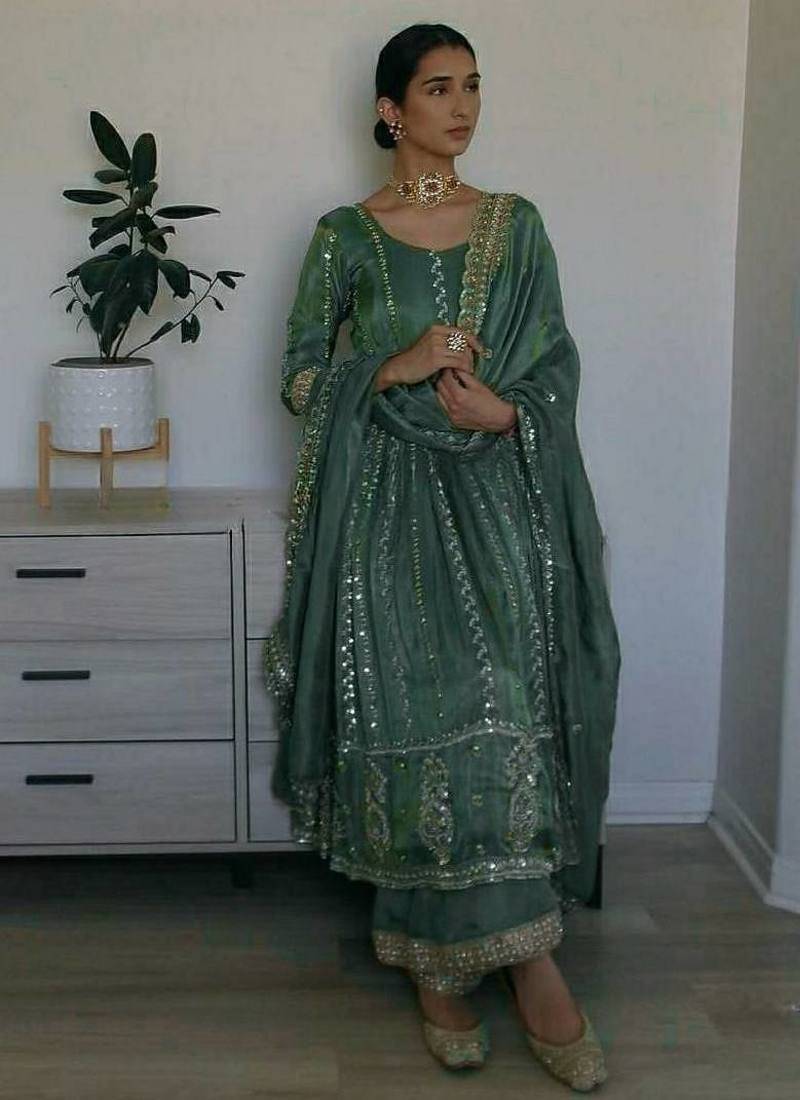 Bottle green embroidered anarkali suit with dupatta