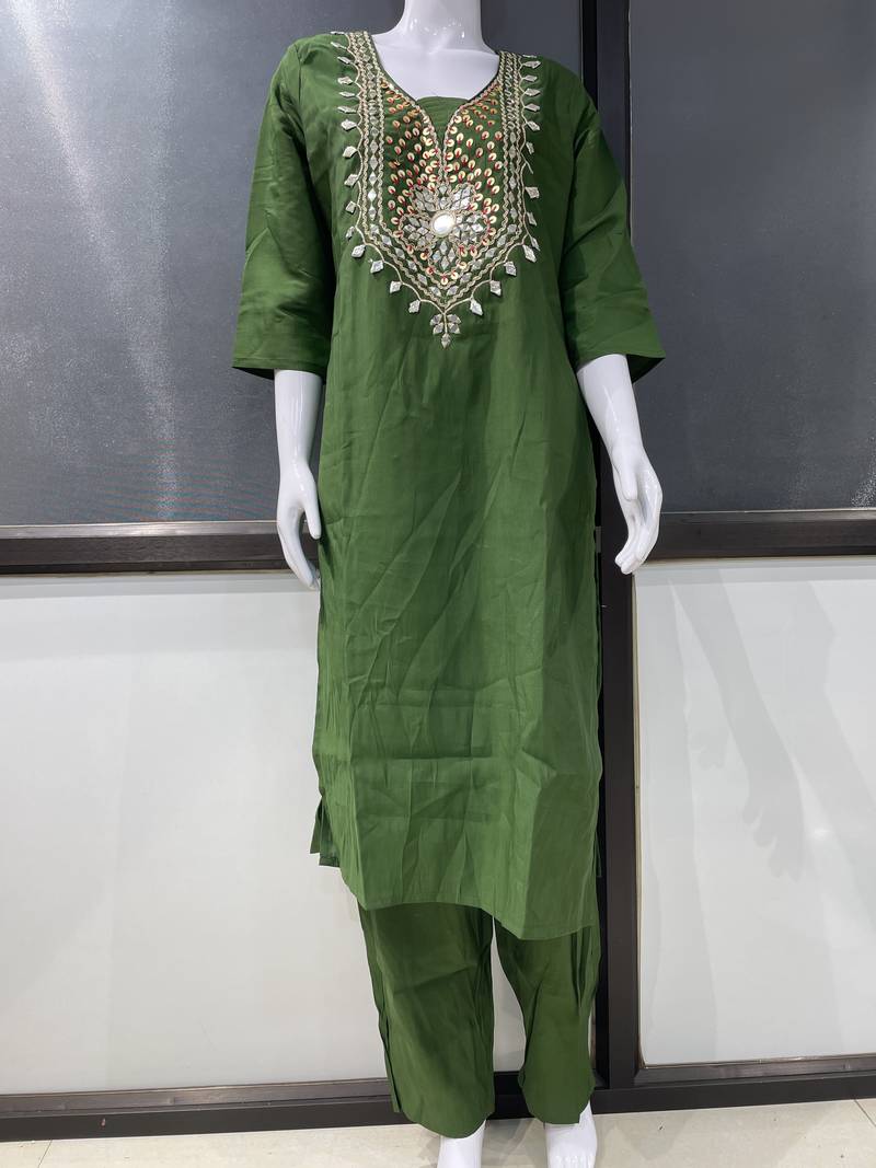 green embroidered straight kurta set with pants elegant ethnic wear