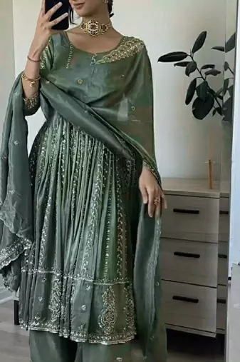 Bottle green embroidered anarkali suit with dupatta