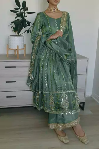 Bottle green embroidered anarkali suit with dupatta